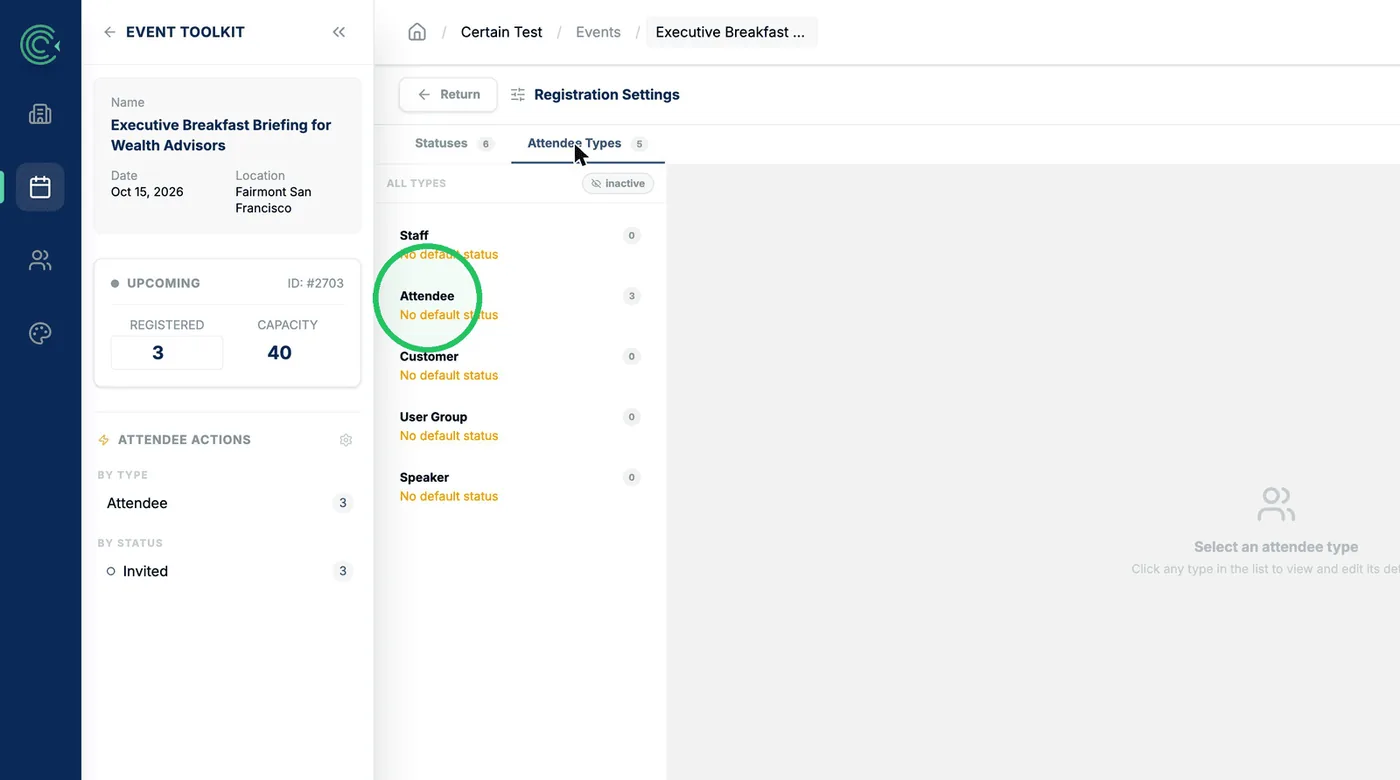 Attendee Types tab listing five types, each flagged with No default status
