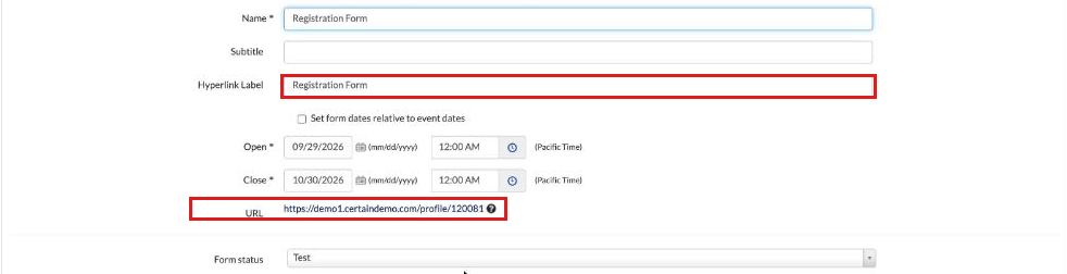 Form Setup page showing the form URL under the Open and Close dates