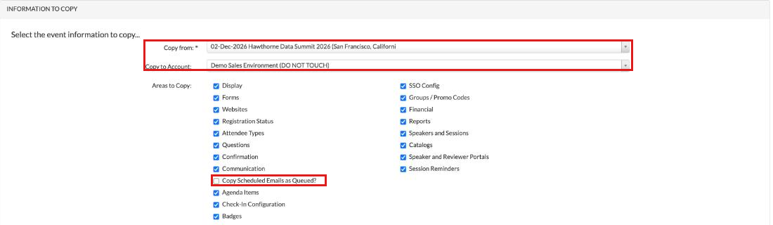 Copy event wizard with Copy from, Copy to Account, the Areas to Copy checkboxes and Copy Scheduled Emails as Queued? unchecked