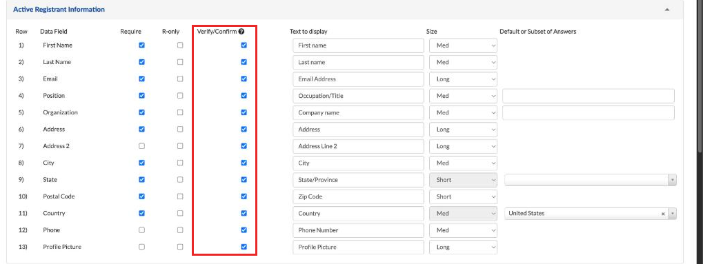 Active Registrant Information with the Verify/Confirm column
