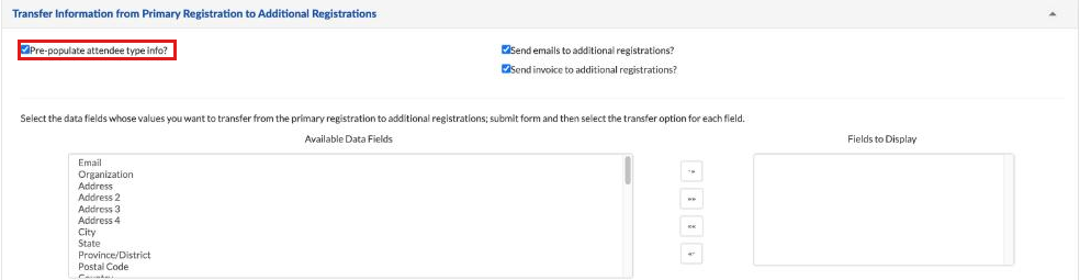 Transfer Information panel with Pre-populate attendee type info, the send email and invoice options, and the Available Data Fields list