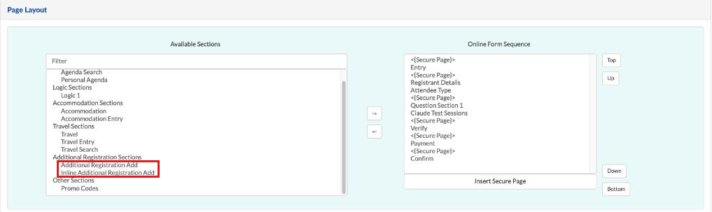 Page Layout with Additional Registration Add and Inline Additional Registration Add under Available Sections