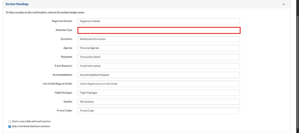 Section Headings with the Attendee Type box cleared
