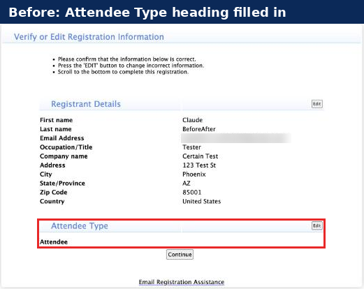 Before: Verify page showing the Registrant Details and Attendee Type sections