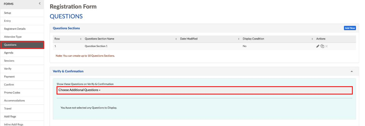 Questions page with the Verify and Confirmation box
