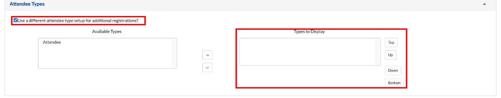 Addl Regs page, Attendee Types panel with Use a different attendee type setup for additional registrations checked and the Available Types and Types to Display lists