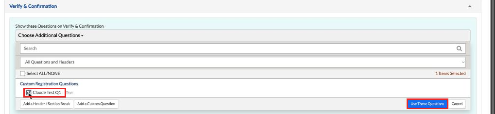 Choose Additional Questions list with Use These Questions button