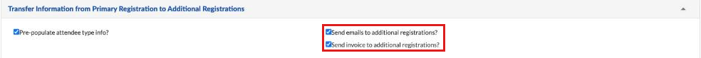 Send emails and Send invoice to additional registrations checkboxes