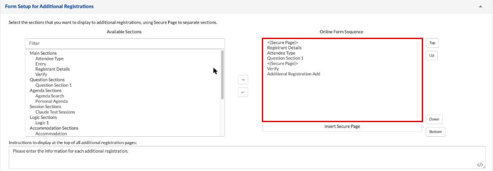 Additional Registrations page with its own Available Sections and Online Form Sequence