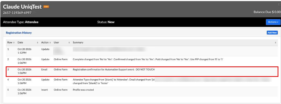 Registration History with an Email row for the Confirm page confirmation