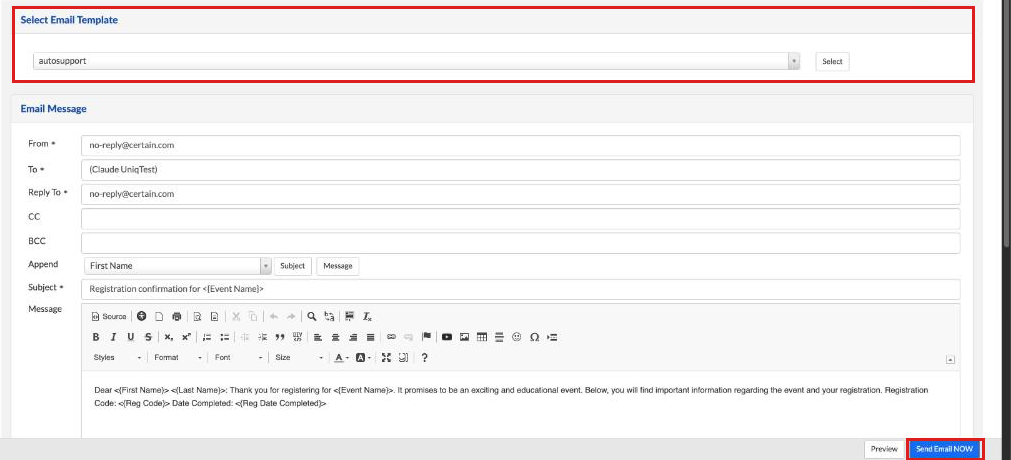 Registration Email Compose page with Select Email Template and the Send Email NOW button