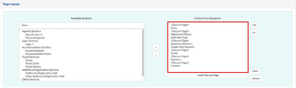 Page Layout with Available Sections on the left and the Online Form Sequence on the right