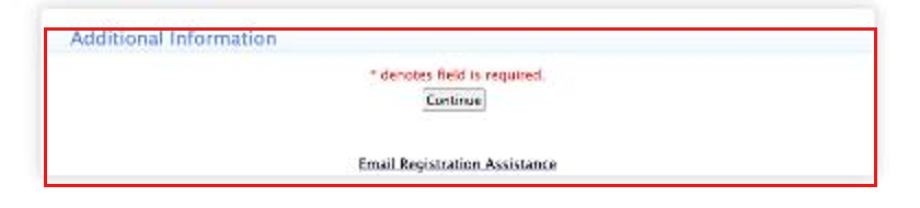 Registration form page showing only the Additional Information header, the required-field note and a Continue button