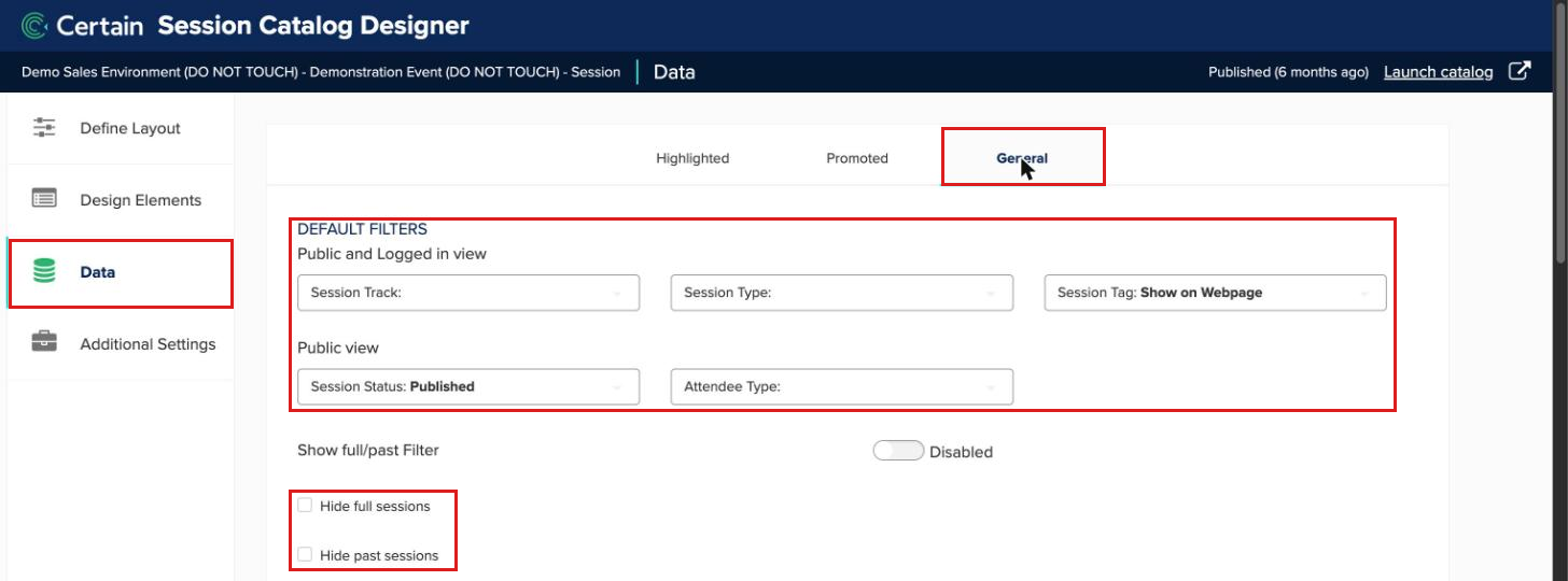Session Catalog Designer, Data, General tab with Default Filters for Public and Logged in view (Session Track, Session Type, Session Tag: Show on Webpage) and Public view (Session Status: Published, Attendee Type), plus Hide full sessions and Hide past sessions