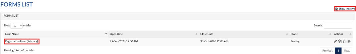Forms List showing Registration Form (Primary) and the Show Inactive link