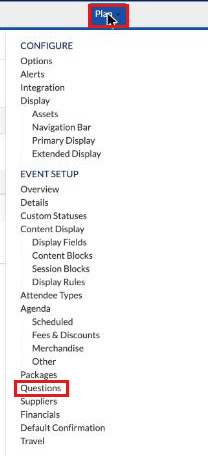 Plan menu with Questions under Event Setup