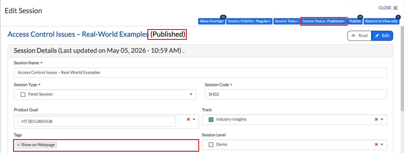 Edit Session window with the session marked Published next to its name, the Session Status: Published button, and the Show on Webpage tag highlighted