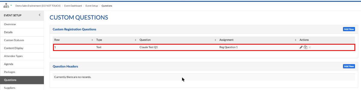 Custom Questions page listing a question named Claude Test Q1