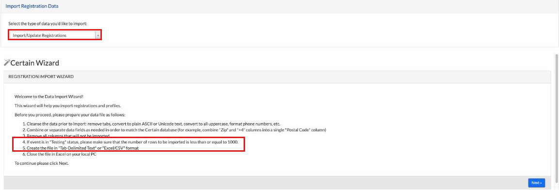 Registration Import with Import/Update Registrations selected and the import wizard checklist