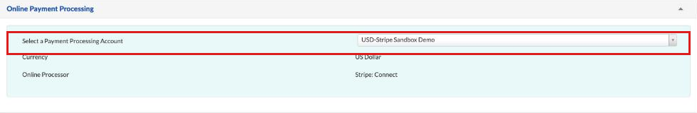 Event Setup Financials, Online Payment Processing with Select a Payment Processing Account set to a Stripe sandbox account