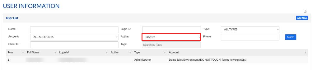 User list with the Active filter