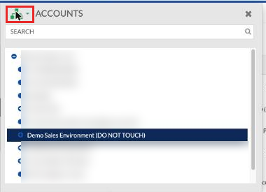 Accounts panel opened from the org chart icon, with a Search box and the list of accounts