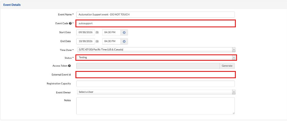 Event Setup Details with the Status field (Testing)