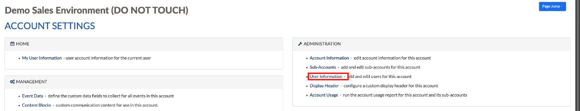 Account Settings page with User Information under Administration