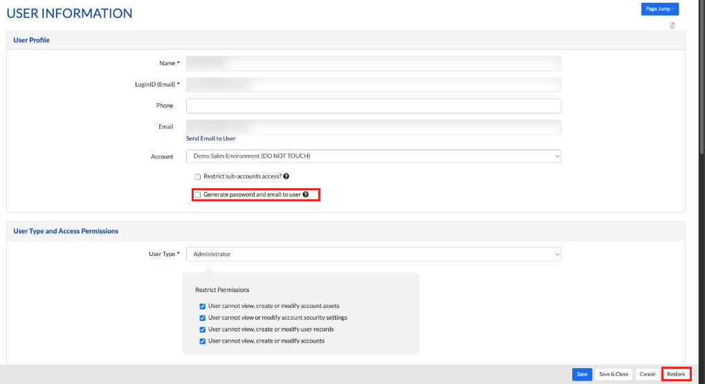 User record with Generate password and email to user, and the Restore button