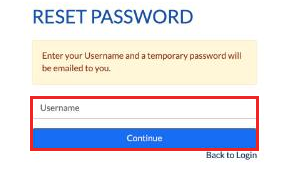 Reset Password page with the Username box and Continue