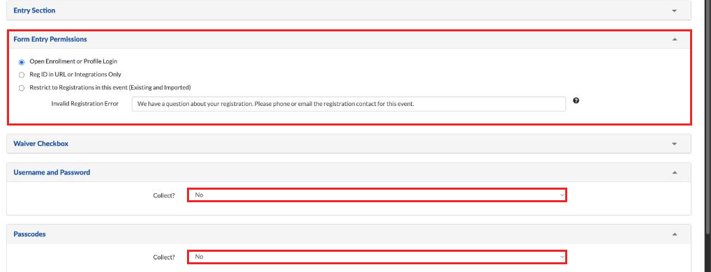 Entry page with Form Entry Permissions, Username and Password, and Passcodes