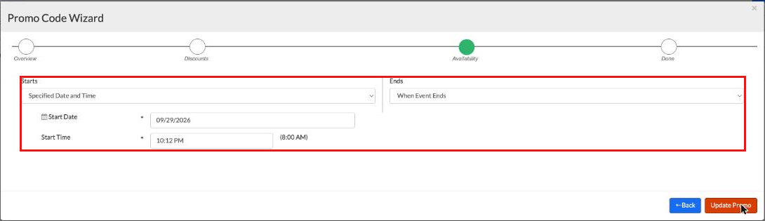 Promo Code Wizard Availability step with Starts set to a specified date and time and Ends set to When Event Ends