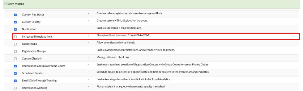 Event Options, Event Module list with Increased file upload limit: File upload limit increased from 4Mb to 25Mb