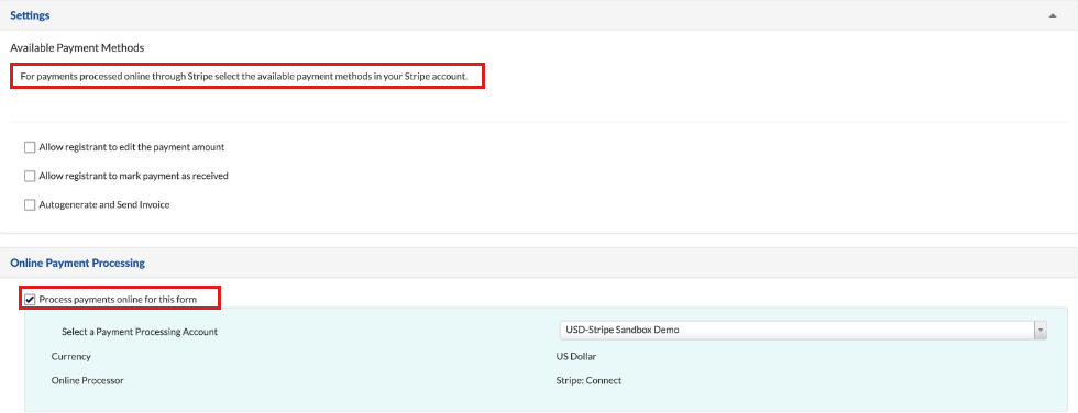 Form Payment page in a Stripe event: Available Payment Methods says to select methods in the Stripe account, and Online Payment Processing has Process payments online for this form checked with the Stripe account selected