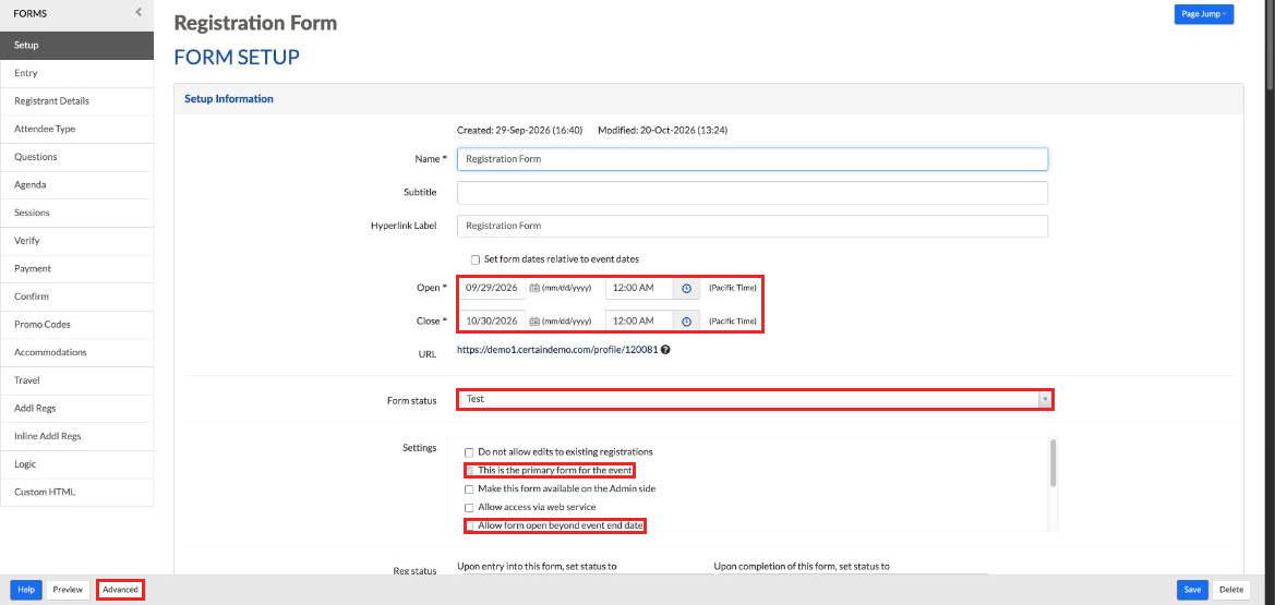 Form Setup with the This is the primary form for the event setting