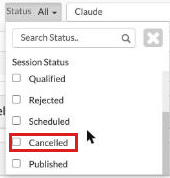 Session Status filter with the Cancelled option