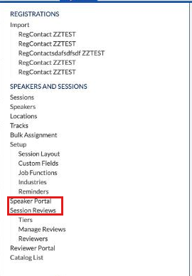 Manage menu in a Conference event showing Speaker Portal and Session Reviews
