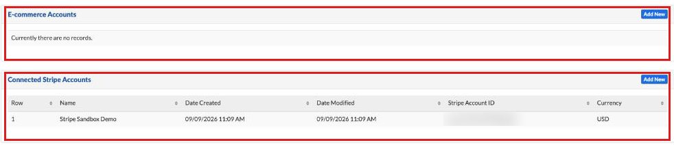 Account Settings, Registration, Financial Data page with the E-commerce Accounts and Connected Stripe Accounts lists