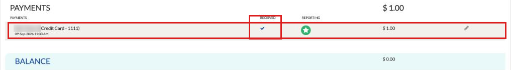 Registration Financials, Payments section with a credit card payment row and a check mark in the Received column, and the Balance below