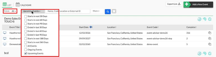 Event List Status filter and the date filter list with options such as Ended in last 90 Days, All Events and Upcoming Events