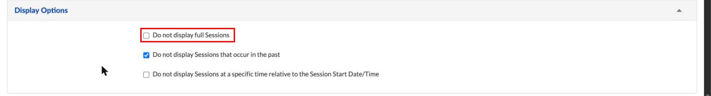Session Display Options, Display Options panel with Do not display full Sessions highlighted