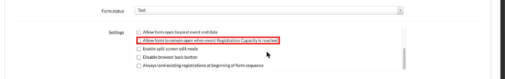 Form Setup Settings list with the capacity option
