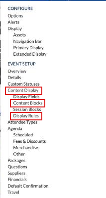 Plan menu with Content Display, Content Blocks and Display Rules under Event Setup