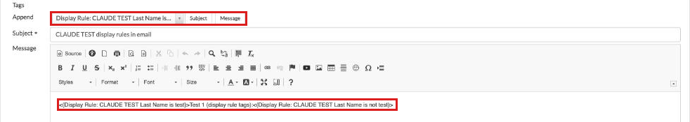 Email template with a Display Rule tag picked in the Append list and Display Rule tags in the message
