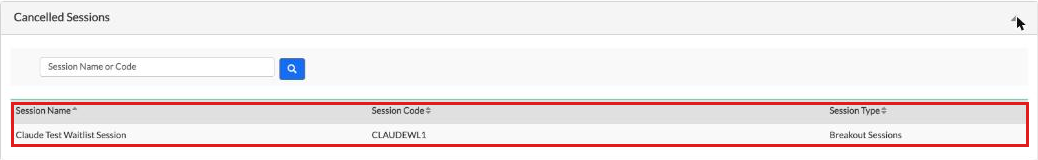 Cancelled Sessions panel listing a cancelled session with no edit icons