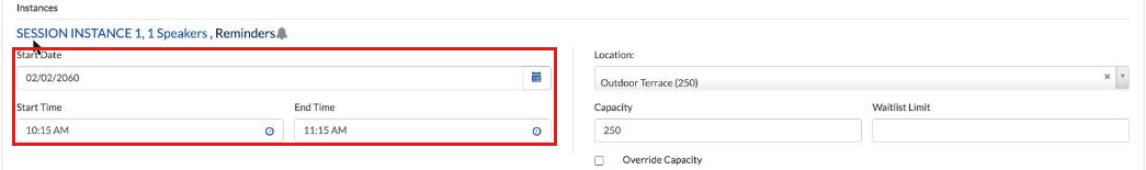 Session instance with Start Date, Start Time and End Time
