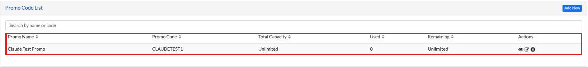 Promo Code List with a code, its Total Capacity, Used and Remaining