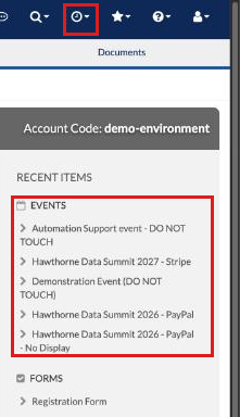 Recent Items clock icon at the top of the page and the Recent Items list of events on the Event List