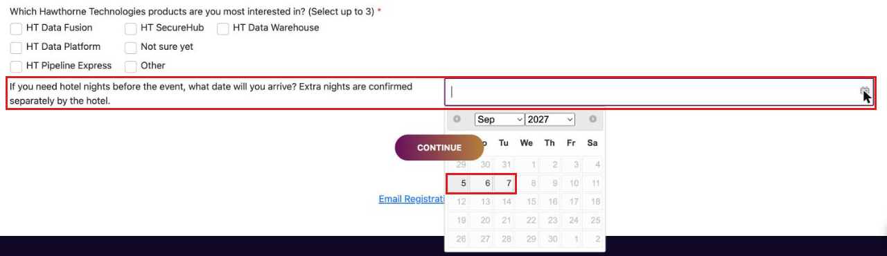 Registration form showing the arrival date question with the calendar open and only September 5, 6 and 7, 2027 available to pick