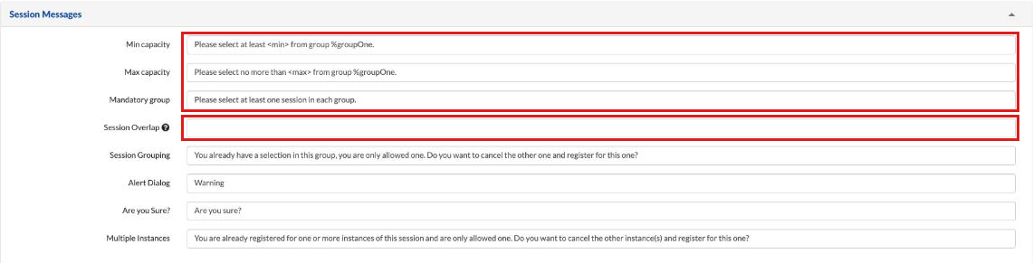 Session Display Options, Session Messages panel with Min capacity, Max capacity, Mandatory group and Session Overlap messages